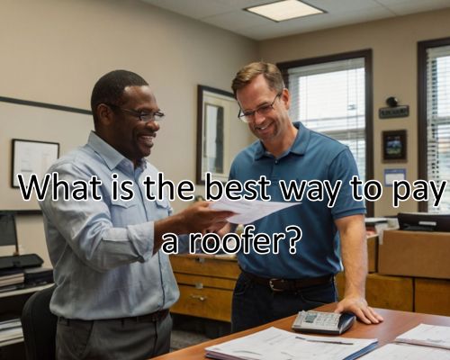 a roofer and a homeowner doing payment transaction in an office